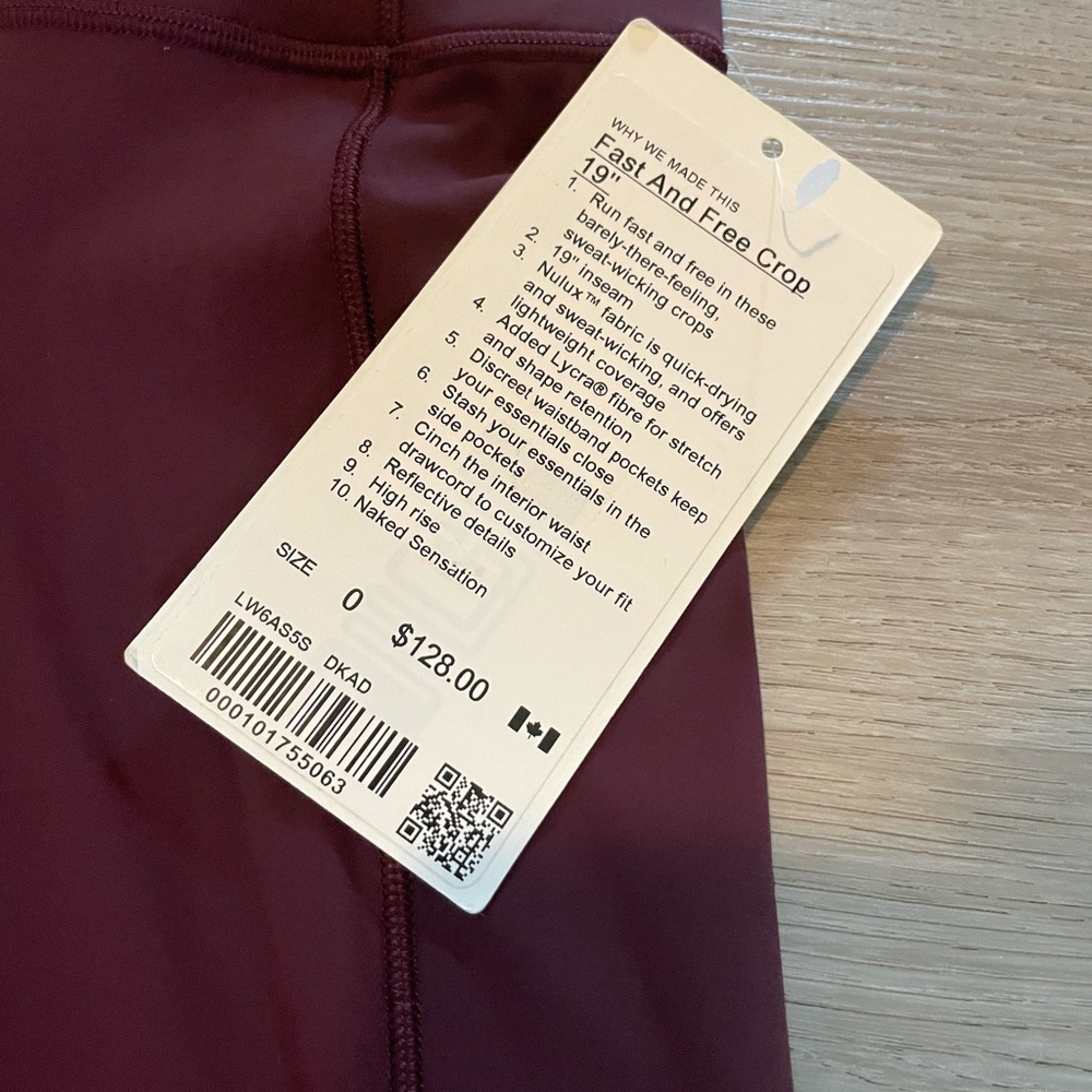NWT Lululemon Fast & Free Crop Nulux 19" size 0